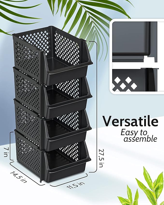 TidyFriend Plastic Stackable Storage Bins for Pantry - 8 Pack Stackable Bins For Organizing Food, Kitchen, and Bathroom Essentials (Black)