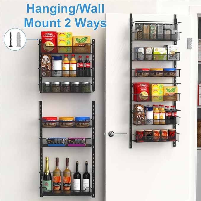 Over the Door Pantry Organizer, 6-Tier Over the Door Organizer with Adjustable Basket, Pantry Door Organization for Pantry Kitchen Storage Room Spice Rack, Black