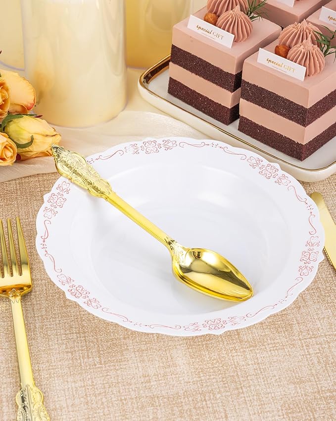 50 Pack White Plastic Bowls with Rose Gold Rim, 12oz Plastic Dessert Bowl, Bowls Disposable Heavy Duty for Hot Soup, Dessert, Salad, Cake, Ice Cream, Fruit