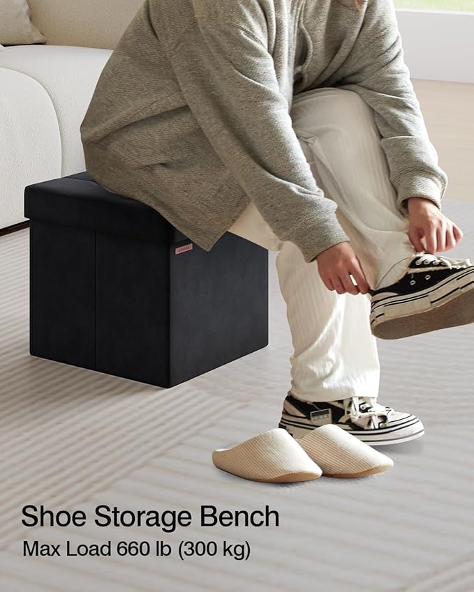 Folding Storage Ottoman, Velvet Storage Bench, Footrest, Footstool, for Living Room, Bedroom and Office,15 x 15 x 15 Inches, 300 kg Load Capacity, Ink Black,UASND04B