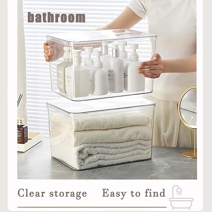 Clear plastic storage bins with LIDS-4packs,storage containers for snacks, cosmetics, books, dog food, Storage Organizer for Nursery，Kitchen, Living room,Bedroom, Bathroom, Office