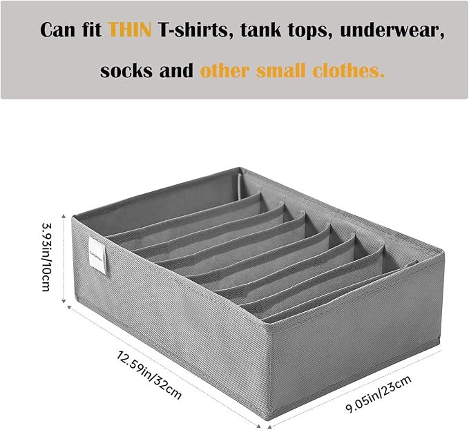 4 Packs T-shirt Drawer Organizers for Clothing,8 Grids Compartment Wardrobe Storage Box, Washable Clothes Organizer for Folded Clothes, Legging, Silk Scarve