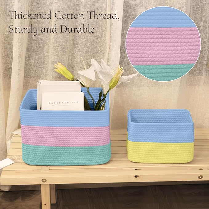 Hopegiver Woven Storage Baskets 15x11x10 Inch, 3 Pack Collapsible Cube Storage Bin for Shelves - Foldable Cotton Rope Organizer Bins for Towels, Toys, Books, Closet, Nursery (Blue Pink Green)