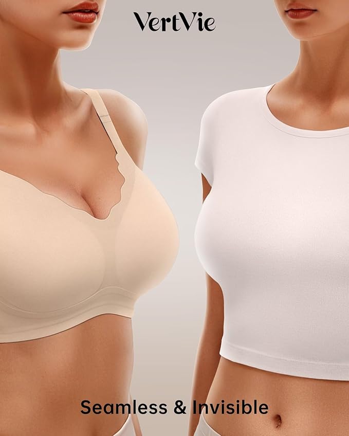 Vertvie Womens Seamless Bras No Underwire Supportive Wireless Push Up Full Coverage Bralette Comfort Scalloped T-Shirt Bra