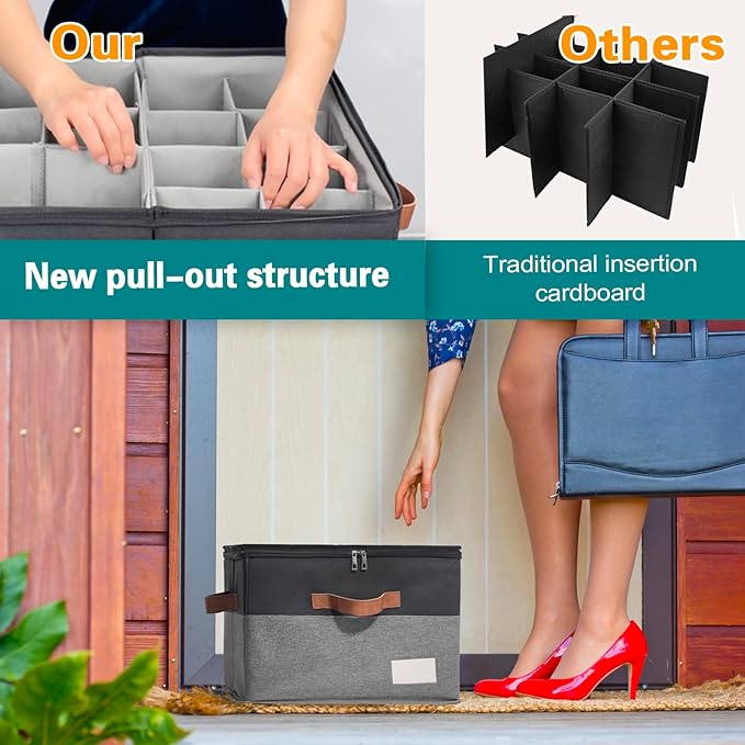 Shoe Organizer for Closet, Foldable Shoe Storage Bins with Clear Cover, Space Saving Shoes Holder with 4 Handles, Large Adjustable Shoe Box Storage Containers, Fits 8-16 Pairs, 2 Pack, Black