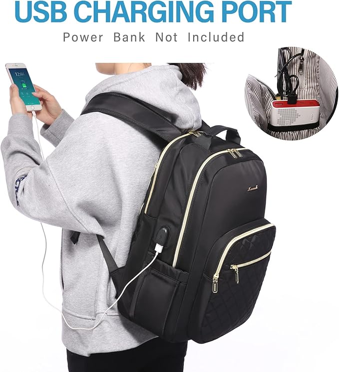 LOVEVOOK Laptop Backpack Purse for Women, Work Business Travel Computer Bags with 15.6 Inch Laptop Compartment, Teacher Nurse Backpack for Womens, Quilted Casual Daypack with USB Port, Black