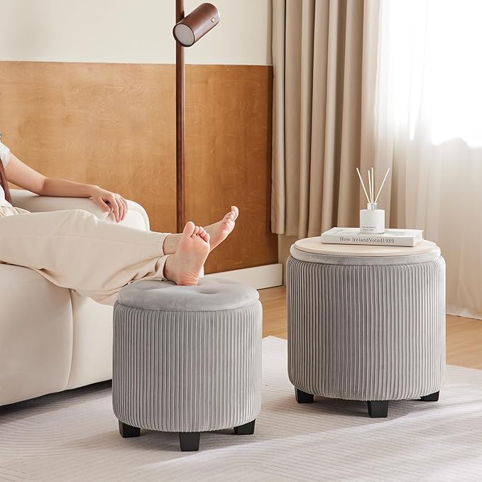 Big Round Ottoman with Storage Set of 2,Upholstered Velvet Vanity Stool for Makeup Multifunctional Foot Rest Coffee Table Padded Seat Tufted Ottomans for Living Room&Bedroom (Grey)