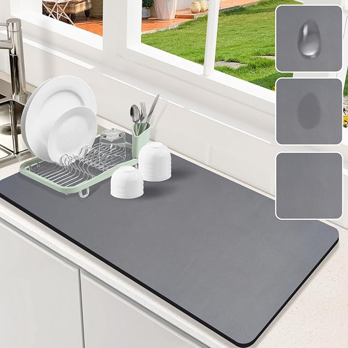 Dish Drying Mat for Kitchen Counter, 17"x31.5" Dish Drying Pad with Non-slip Rubber Backed, Hide Stain Anti Absorbent for Kitchen Counter, Drying Mat for Coffee Machine Dish Rack (Grey)