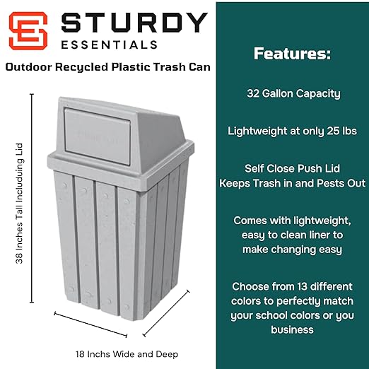 32 Gallon Square Slatted 100% Recycled Plastic Heavy-Duty Commercial Outdoor and Indoor Trash Can with Push Top Lid | Great for Schools and Businesses - Light Granite