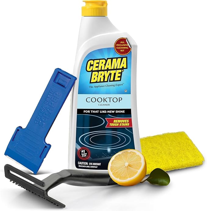 Cerama Bryte Glass Cooktop and Stove Top Cleaner Combo Kit - Includes Cleaning Tool, Razor, Scraper and 1 Pad to Remove Tough Stains - Use on Gas, Electric, Ceramic Surfaces, 18 Ounces, 4 Piece