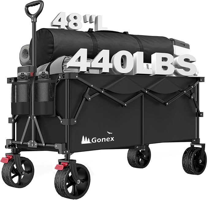 Gonex 48''L Collapsible Foldable Heavy Duty Oversized Wagon with 440lbs Weight Capacity, 300L Folding Large Utility Garden Grocery Shopping Cart with 8" H All-Terrain Wheels & 2 Drink Holders - Black