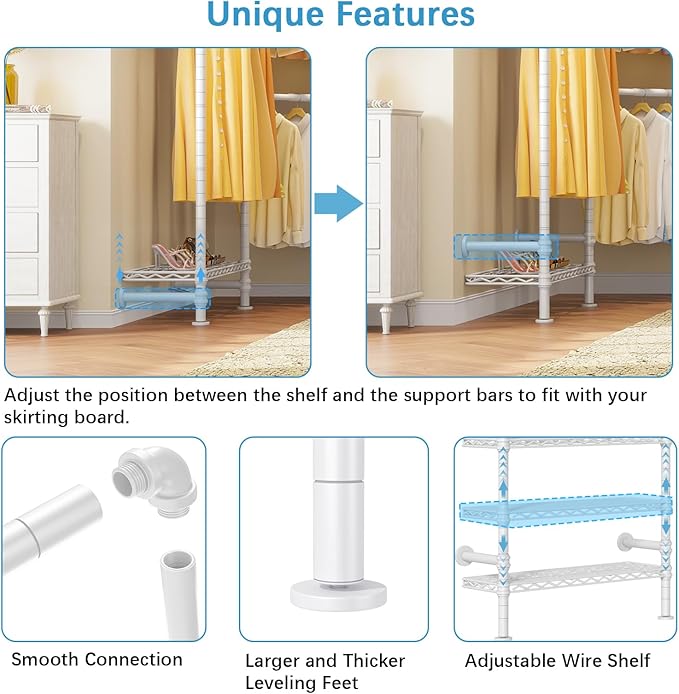 Timate F3 Garment Rack Heavy Duty Clothes Rack for Hanging Clothes, Expandable Industrial Pipe Wall Mounted Clothing Rack, Adjustable Storage Closet Wardrobe Closet Kit Walk in Closet Systems, White