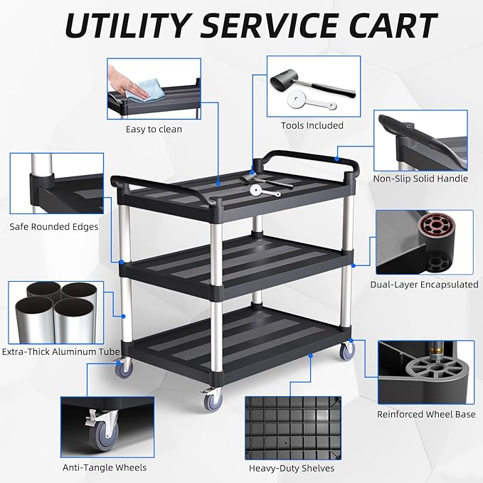 Plastic Utility Cart with Anti-Tangle Wheels, Solid Armrests, 450 Lbs Heavy Duty Capacity, 3-Tier Rolling Serving Cart for Home, Office, Restaurant, Warehouse.40 × 19.7" × 38"