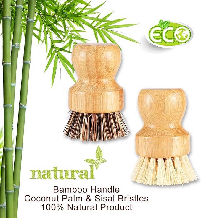 Bamboo Scrub Brush Clean Pan, Dish and Vegetable, Natural Bristles Palm Pot Brush 4 Pack Round Mini Dish Brush with Ceramic Holder for Kitchen Sink Cleaning