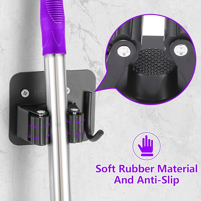 Stainless Steel Broom Holder, Heavy Duty, Rust Resistant, 4 Gripper Positions with 4 Hooks, Black