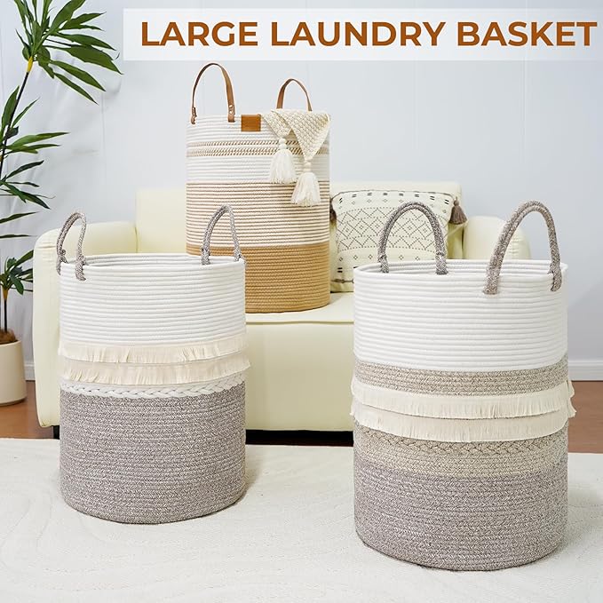 danpinera 79L Laundry Hamper Basket, Tall Round Dirty Clothes Hamper with Handle, Woven Storage Basket for Blanket, Toy, Pillow, Blanket Bin for Living Room, Nursery Room Gradient Jute