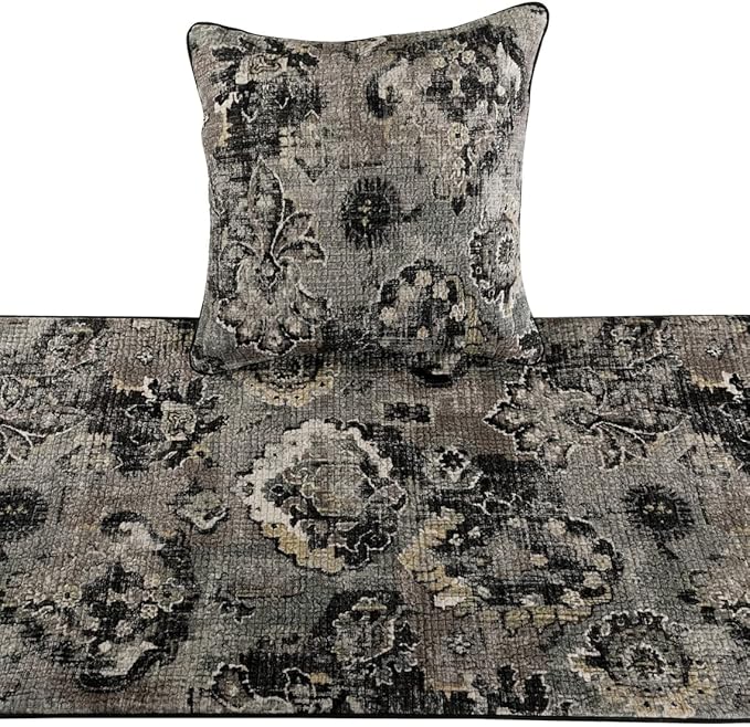 The HomeCentric Designer Black & Grey King 90 x 18 inch Bed Runner with Pillow Cover Set, Velvet Damask with Tassels Bed Scarf, Abstract Modern - Paved Damask