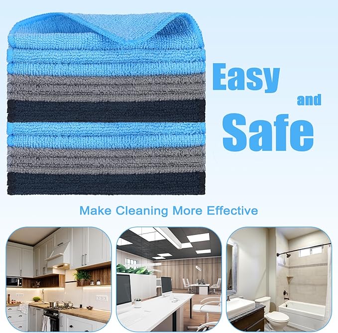 Tanlade 30 Pcs Microfiber Cleaning Cloth 6"x6" Cleaning Rags Reasonable Kitchen Towels Microfiber Towels Cars Wash Dry Erase Cloth (Blue/Gray/Black)