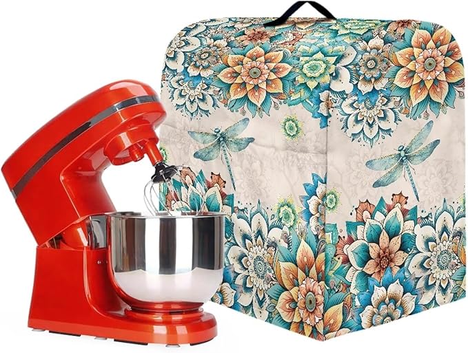 Stand Mixer Covers Compatible with 4.5-5 Quarts Boho Flower with Dragonfly Kitchen Aid Stand Mixer Dust Protector Cover Organizers with Handle Pocket