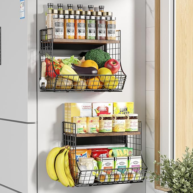 2 Pack Magnetic Shelf for Fridge with Wood Lid, Fruit Potato and Onion Storage Bins, Pantry Organizers and Storage, Strong Magnetic Spice Rack for Refrigerator, Kitchen Counter and Laundry Room