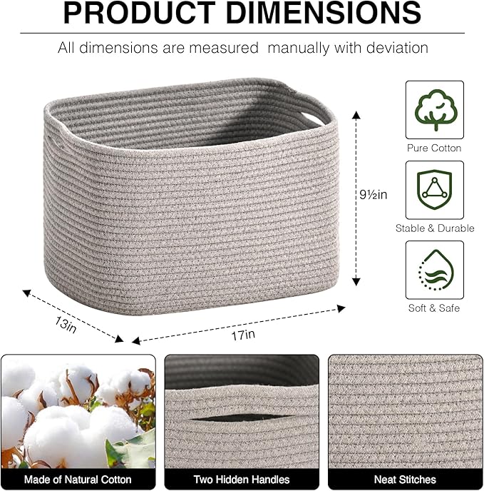 Woven Cotton Rope Storage Basket for Organizing, Cute Decorative Baskets for Gifts Empty, Organizer Bins for Dog Toy, Baby Laundry, 17“×13”×9.5“, Light Grey