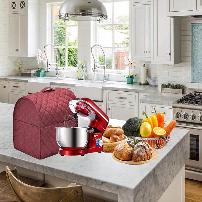 Stand Mixer Dust Cover with 3 Pockets Compatible with KitchenAid Tilt Head, Easy Cleaning,Can Ironable (Red Wine, Fits for 6-8 Quart)