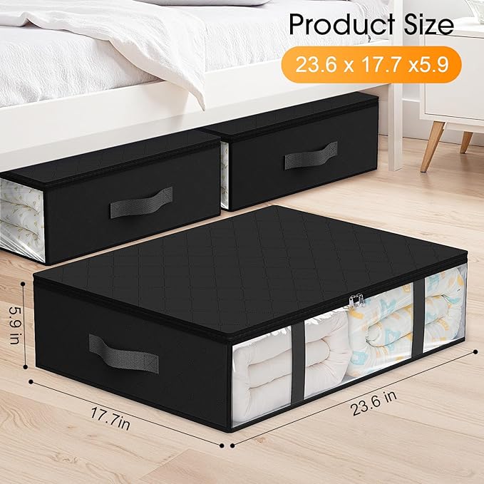 StorageRight Under Bed Storage Bins, 6-Pack 40L Foldable Fabric Storage Bags with Transparent Window, Breathable Organizer for Clothes/Blanket/Comforter/Quiltr, Black