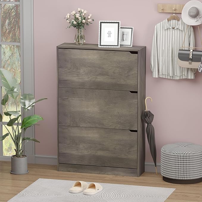 Shoe Cabinet with 3 Flip Drawers, Hidden Wood Shoe Cabinet,Freestanding Shoe Storage Cabinet for Entryway Hallway