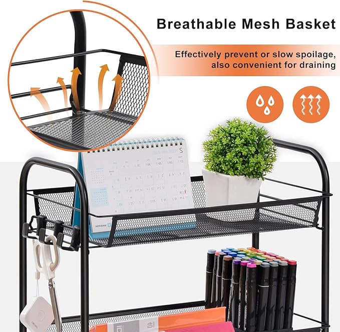 TOOLF 4-Tier Rolling Cart, Metal Utility Cart with 3 Hooks, Easy Assemble Mobile Storage Trolley On Wheels, Metal Shelving Units Kitchen Bathroom Laundry Room