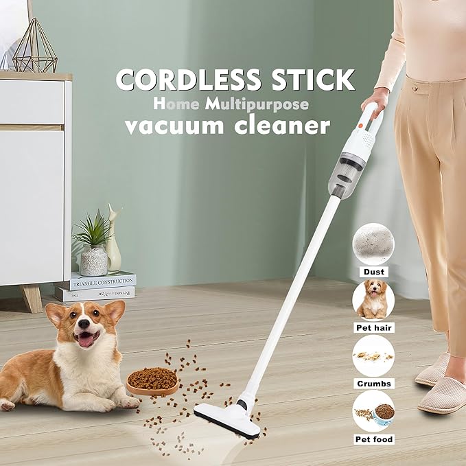 6-in-1 Lightweight Stick Vacuum Cleaner with 100W Powerful Motor, Mini Portable Household Handheld Vacuum Cleaner for Domestic Hard Floors, Carpets and Pet Hair (White Cordless Without Plug)