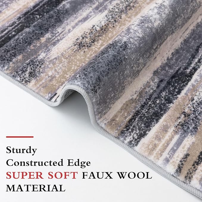Modern Abstract Runner Rug 2x6, Grey Black Multi Washable Kitchen Runner Non-Slip Soft Hallway Rug Runner Thin Print Faux Wool Carpet for Entryway Bedroom Laundry Room Indoor