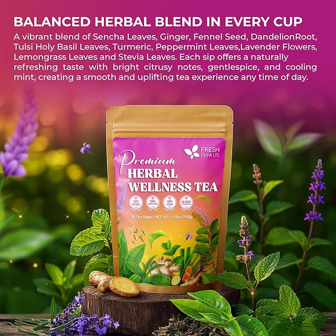 FreshDrinkUS, Premium Herbal Wellness Tea Bags | 75 Count | Blend of Sencha, Ginger, Fennel, Dandelion, Tulsi, Turmeric, Peppermint, Lavender, Lemongrass & Stevia – Herbal Tea. Vegan