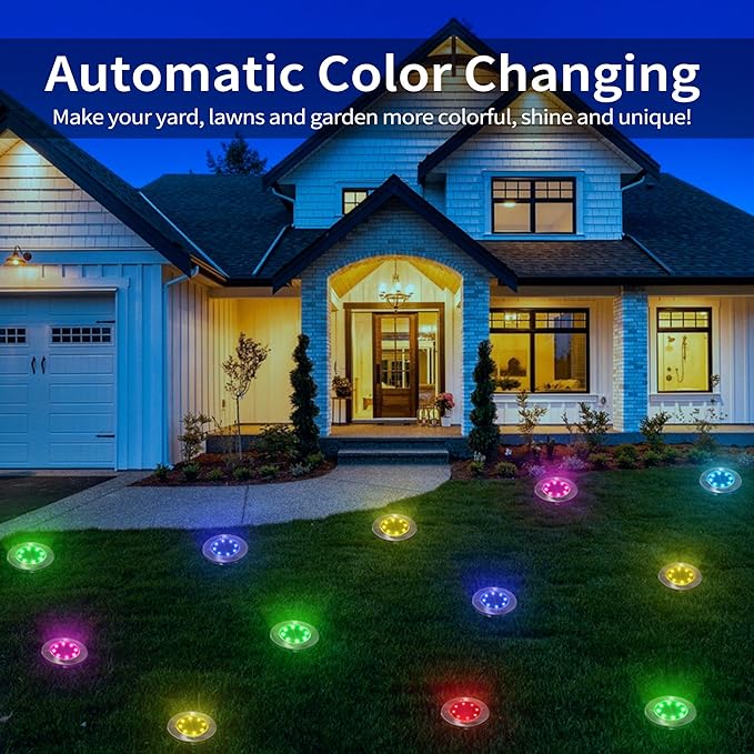 LYHOPE Solar Ground Light Outdoor, 16 Pack 8 LED Color Changing Solar Disk
