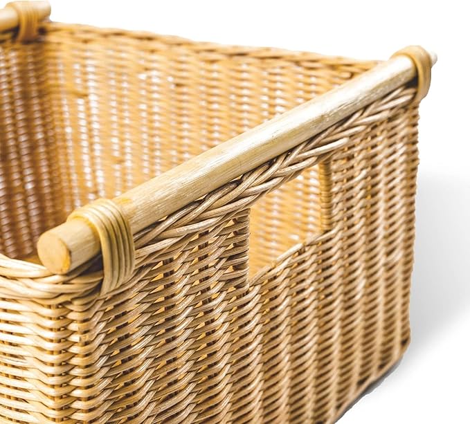 The Basket Lady Deep Pole Handle Wicker Storage Basket, Small, 11.5 in L x 11.5 in W x 8 in H, Sandstone