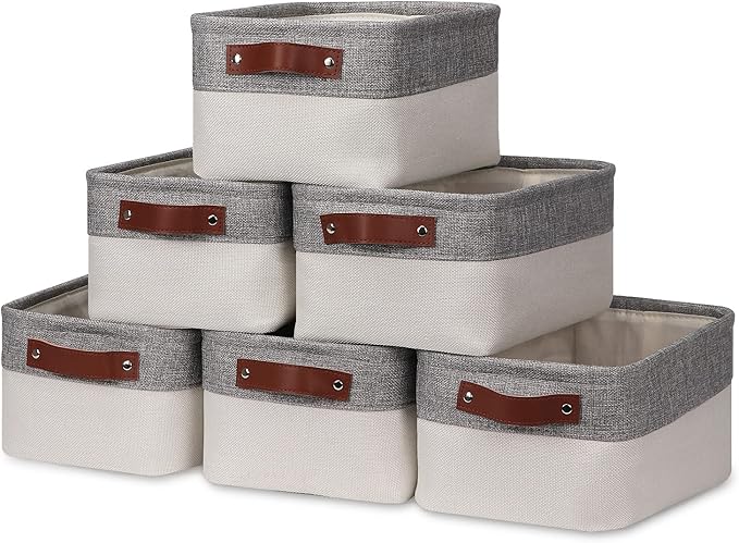 HNZIGE Small Storage Baskets for Organizing(6 Pack) Fabric Storage Baskets for Shelves, Baby Gift Baskets for Empty Closets, Laundry, Nursery, (Gray&White, 11.8" x 7.8" x 5.1")