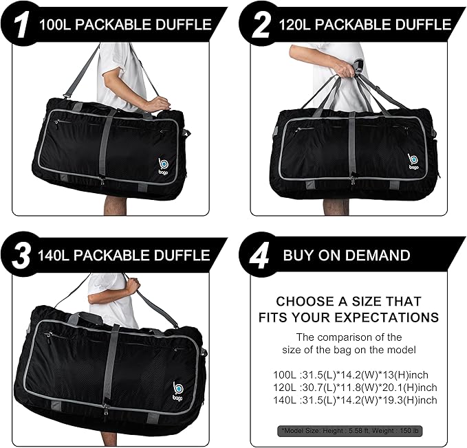 Bago Large Foldable Duffel Bags for Traveling Women & Men - 100L Packable Duffle Bag for Travel with Shoe Compartment - Water Repellant, Heavy Duty, Lightweight Folding & Collapsible (Green)