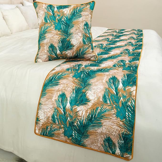 The HomeCentric King/Queen/Twin Green Decorative Twin 53"x18" Bed Runner with 2 Pillow Cover, Plam Leaves & Quilted Bed Scarf on Satin Fabric - Palms