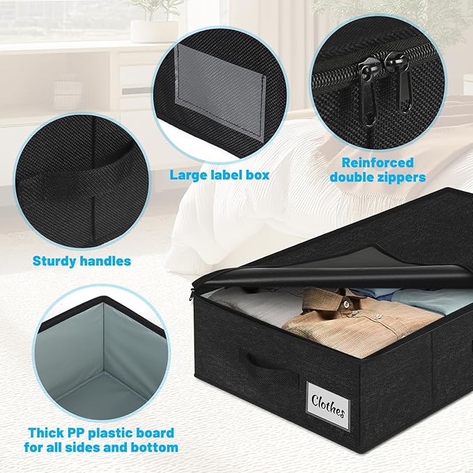 Under Bed Storage Container Bins 2 Pack, 4.5 Inch Slim Low Profile Underbed Clothes Storage Organizer for Dorm & Home, Use for Blanket and Toy Storage Box W/ Sturdy Bottom/Sides, Foldable Thick Fabric