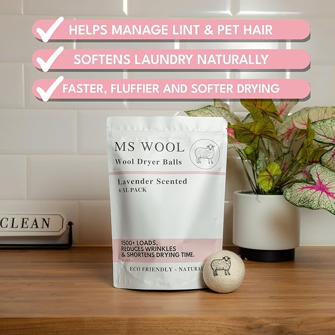 Lavender Scented Wool Dryer Balls – 6 XL Pack – Natural Fabric Softener, Reusable, Reduces Static, Reduces Wrinkles & Shortens Drying Time, Made W/Essential Oil, 100% Pure Wool