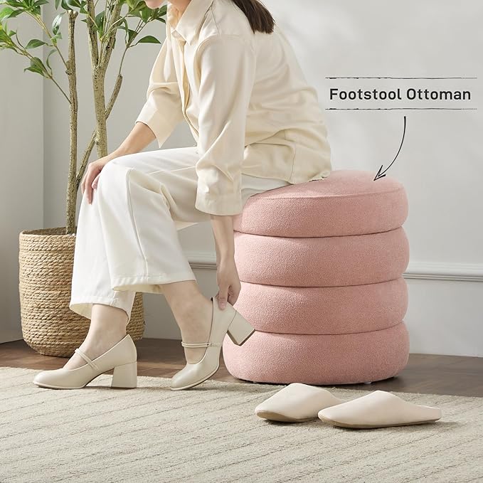 Round Ottoman with Storage Boucle Ottoman Stool Removable Lid for Living Room Modern Upholstered Vanity Storage Stool Foot Rest Bedroom Dorm Gift Set of 1 (Pink)