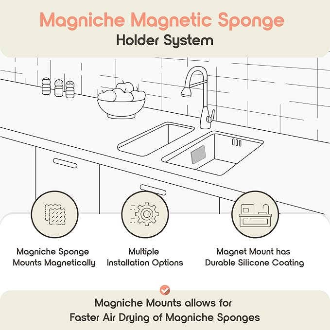 3-in-1 Dishwashing Cleaning Kit - Magnetic Sponge Holder for Kitchen Sink w/ 4-Pack Dual-Sided Dish Sponges Kitchen Set - Reusable Sponges for Dishes & Magnetic Dish Sponge System Starter Kit