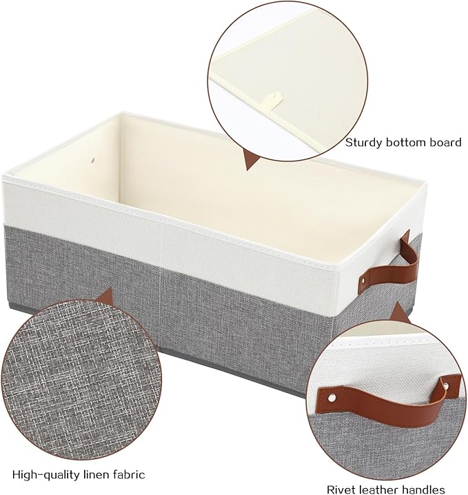 3 Pack Large Capacity Storage Bins Closet Organizer for Shelves, Fabric Closet Storage Baskets Boxes with Leather Handles for Organizing Clothes, Sheets, Jeans, Toys, Books (Grey)