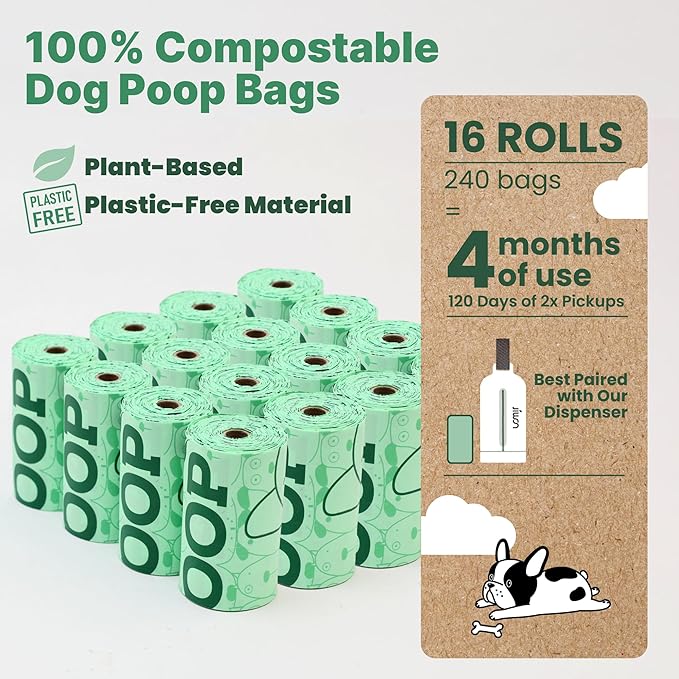 JIWON 100% Certified Home Compostable Dog Poop Bags, 240 Count (16 Rolls), 9"x13", OK Compost & Seedling, Thick & Leakproof, Plant Based Compostable Waste Bags, Unscented