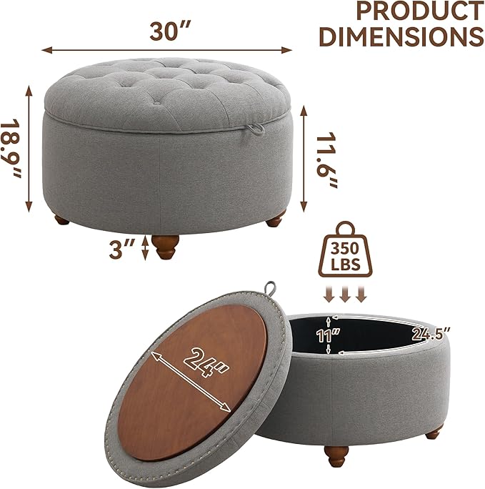 30Inch Round Storage Ottoman with Tray, Modern Tufted Fabric Circle Coffee Table with Storage, Upholstered Ottoman with Removable Top for Living Room, Bedroom, Light Grey