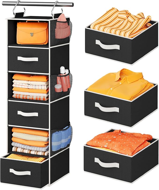 Pipishell Hanging Closet Organizer 6-Shelf, Hanging Shelves for Closet with 3 Removable Drawers & Side Pockets, Hanging Shelf Organizer for Bedroom or Garment Rack, 12'' x 12'' x 43.3'', Black