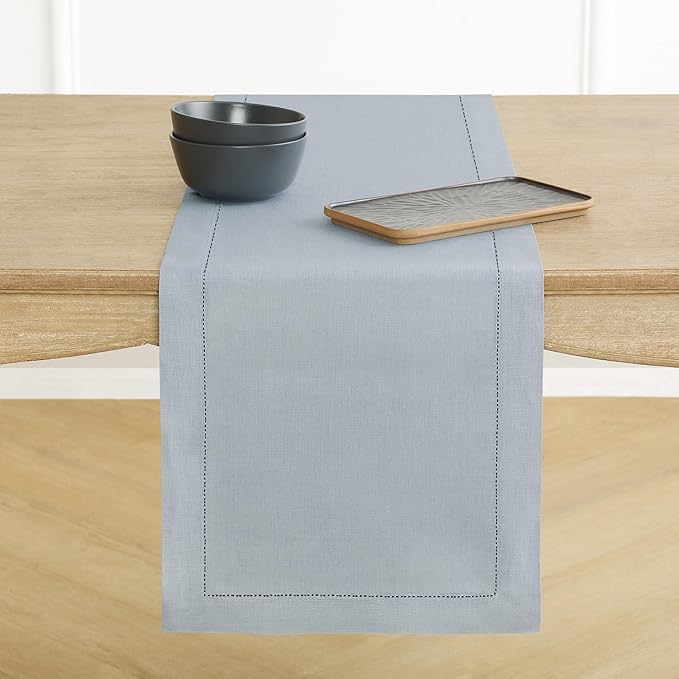 Solino Home Linen Dusty Blue Table Runner 90 Inches Long - 100% Pure Linen Hemstitch 14 x 90 Inch Table Runner for Dining - Classic Hemstitch