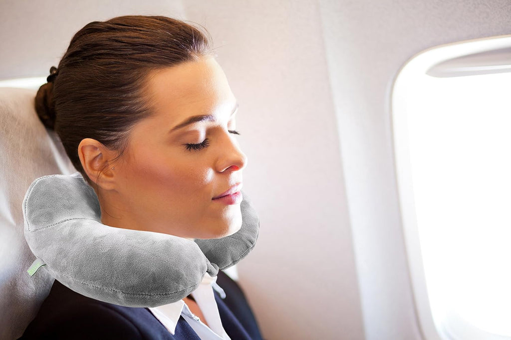 Inflatable Travel Neck Pillow: Extra-Soft, Cushion. For Airplanes, Trains, Cars, Portable Travel Accessory-With Carrying Pouch For cell phone and Passport Etc. (Grey)