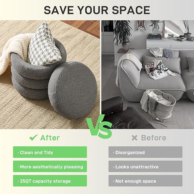 Round Ottoman with Storage Boucle Ottoman Stool with Storage Removable Lid for Living Room Modern Vanity Sorage Stool Foot Rest Bedroom Dorm Gift Set of 1 (Grey)