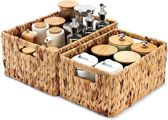 Wicker Baskets 2 Pack, Water Hyacinth Rectangular Storage Basket with Handles, Large for Organizing, Natural