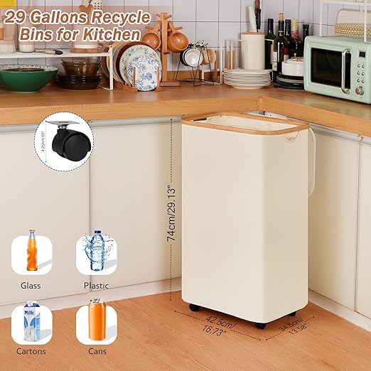 Recycling Bin for Kitchen, Indoor Home Recycle Bins with Wheel, 29 Gallons Large Recycling bin with 2 Removeable Reusable Inner Bags, for Bottles Cans Glass Plastice Cartons(Beige)